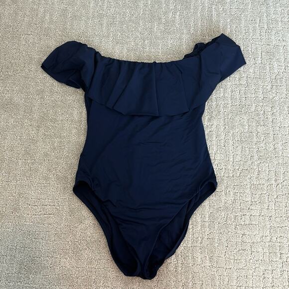 Trina Turk navy blue off shoulder ruffle one piece swimsuit modest full coverage - Picture 4 of 10